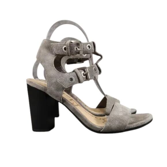Sam Edelman Shoes Womens 6.5 Heeled Sandals Ankle Straps Leather Block Heel Grey - Picture 1 of 15